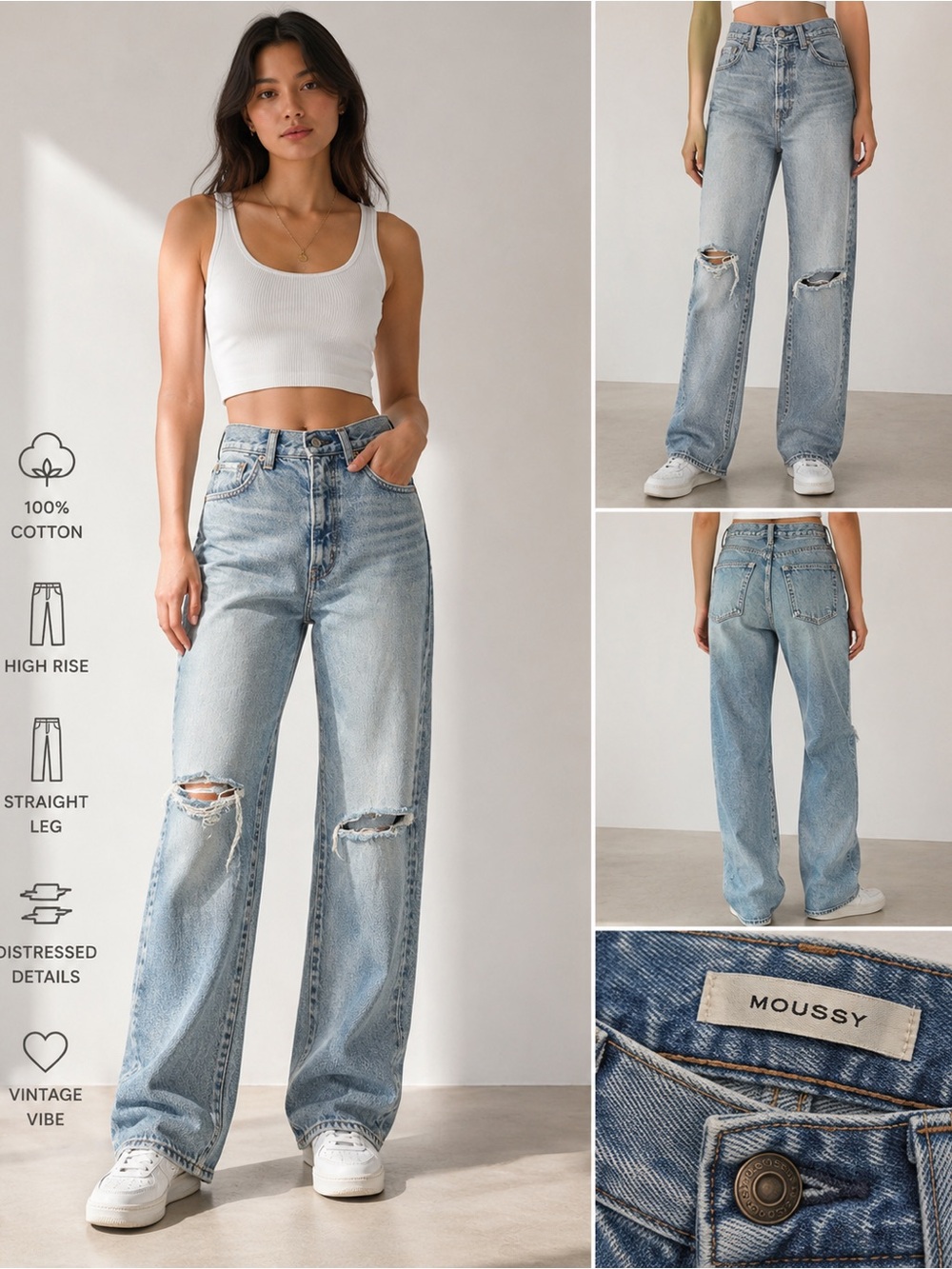 Moussy Light Wash Distressed High Rise Straight Jeans Women's Size 25